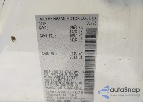2025 Nissan Altima Sv Fwd from USA, damaged, VIN 1N4BL4DV1SN357678